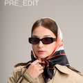 Person wearing a beige trench coat and colorful headscarf with sunglasses, labeled 'PRE_EDIT'.