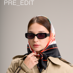 Person wearing a beige trench coat and colorful headscarf with sunglasses, labeled 'PRE_EDIT'.
